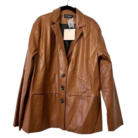 NWT Kittenish Single Breasted Notch Collar Faux Leather Jacket Coat Camel Tan XL - Picture 1 of 5